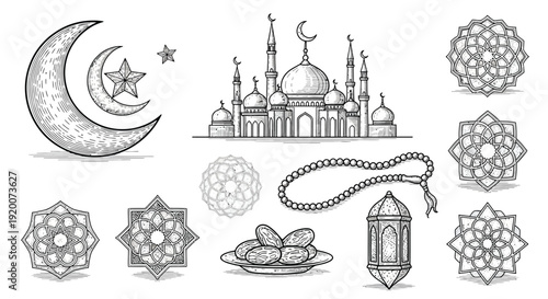 A collection of Islamic cultural symbols including a crescent moon with a star, a mosque, prayer beads, dates, a lantern, and geometric patterns.