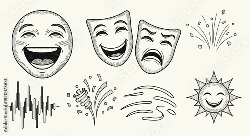 A collection of expressive icons including a laughing emoji, theatre masks, fireworks, a sound wave, confetti, and a smiling sun.