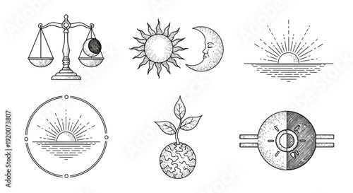 A collection of six black and white line art illustrations depicting various symbolic and abstract concepts.