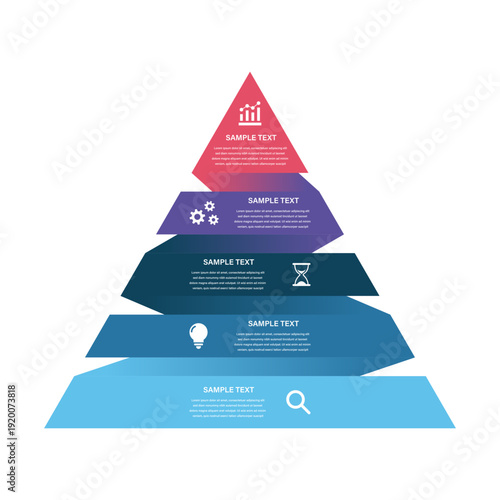 5 Level Pyramid Business Infographic with Color Coded Segments and Icons for Corporate Strategy, Workflow Planning, Marketing, Innovation, and Data Visualization