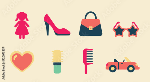 A collection of colorful, flat design icons representing feminine interests and accessories, including a doll, high heel, handbag, sunglasses, heart, brush, comb, and a convertible car.