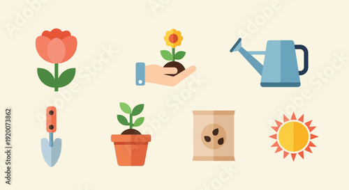 A collection of flat design icons representing gardening and plant care, including a tulip, a seedling, a watering can, a trowel, a potted plant, seeds, and the sun.