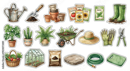 Spring Gardening Tools and Plants Sticker Set