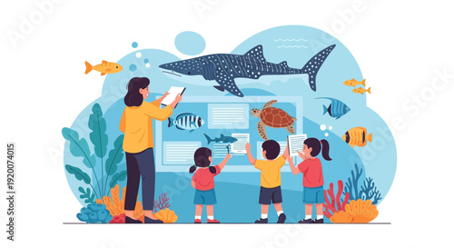 A woman and two children are learning about marine wildlife in an educational poster with colorful illustrations of fish, a shark, and coral.