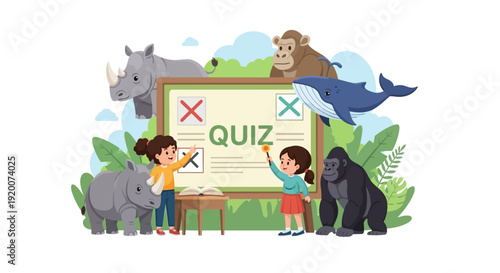 Illustration of children learning about endangered animals in a wildlife education setting with a quiz board and various animals.