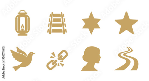 A collection of eight golden icons representing various concepts including a lantern, railroad tracks, stars, a dove, a broken chain, a silhouette of a woman, and a winding road.