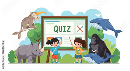 Illustration of children learning about endangered animals in a wildlife education classroom setting with a quiz board and various animals.