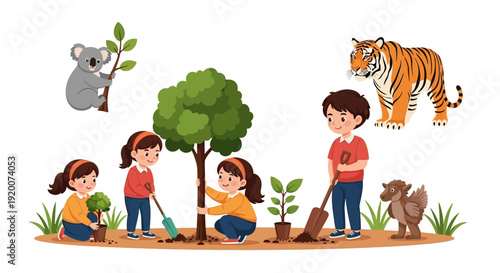Illustration of children planting trees and learning about wildlife conservation with a globe, animals, and a tree in a colorful educational setting.
