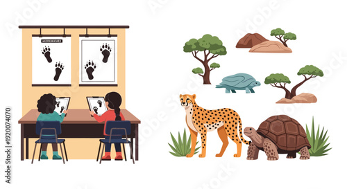 Illustration of children learning about wildlife and endangered animals in an educational setting with a colorful and cute design.