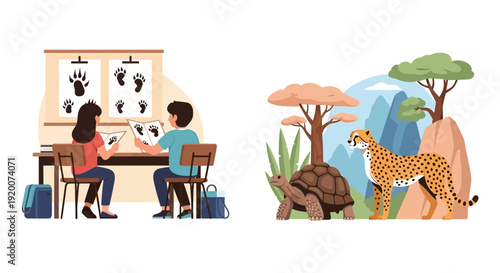 Illustration of children learning about wildlife conservation with a teacher in a classroom setting with a colorful African savannah scene.