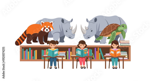 Colorful illustration of children learning about endangered animals in a wildlife education setting with a globe and tree.