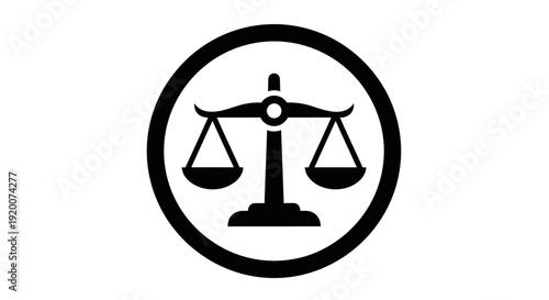 Black and white icon of justice scales in a circle.