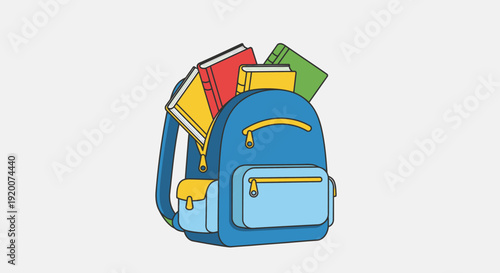 Blue Backpack Filled With Books Ready For School.