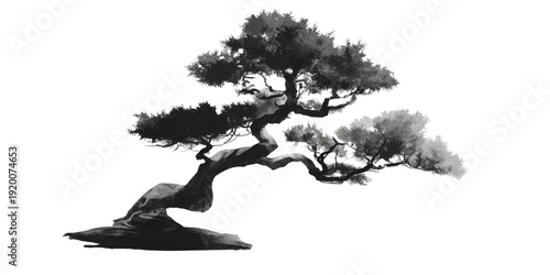 A grayscale, artistic depiction of a bonsai tree against a stark black background