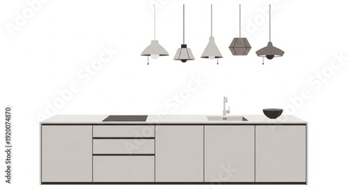 Modern Kitchen Island with Pendant Lights and Sink.