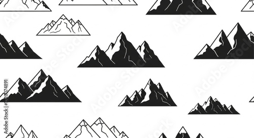 Seamless pattern of stylized mountain peaks in black and white.
