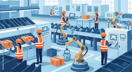 Workers and robotic arms collaborate in a modern automated factory or warehouse, handling packages on conveyor belts.