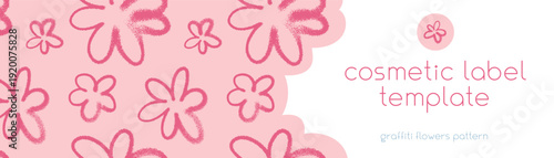  Template cosmetic label design with seamless pink flowers pattern — vector hand drawn spray effect. Floral background for spring banner, feminine design, Womens Day wrapping and branding
