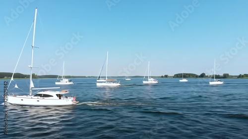 A serene wide shot captures multiple elegant white sailboats gracefully cruising across calm sparkling blue waters under a clear expansive summer sky with a lush green shoreline visible in the tranqu.