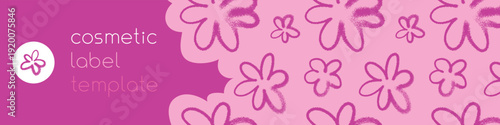  Template cosmetic label design with seamless pink flowers pattern — vector hand drawn spray effect. Floral background for spring banner, feminine design, Womens Day wrapping and branding