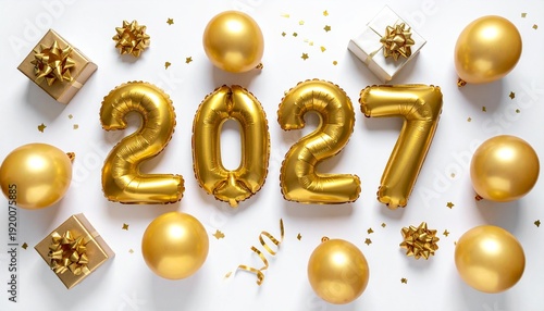 Golden New Year 2027 Celebration with Balloons and Gifts on White Background Festive and Joyful.
