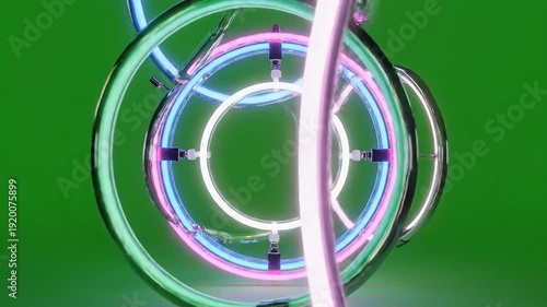 Abstract Neon Light Rings Intertwined and Rotating in a Mesmerizing Dance Against a Vibrant Green Background.