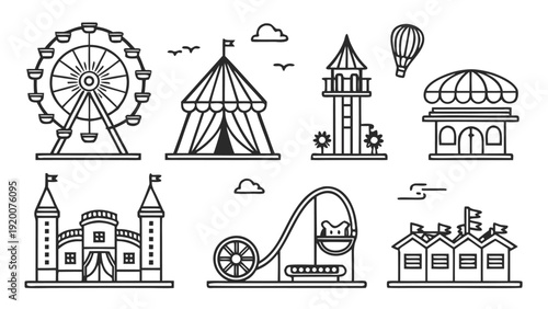 Amusement Park Outline Icons Set Carnival Rides Theme Park Vector Line Art Collection