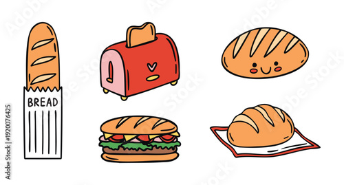 Bread and toast set baguette sandwich toaster and fresh loaf, cozy hand drawn doodle style.