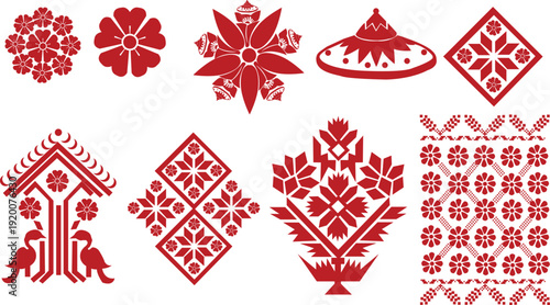 Traditional Assamese Gamusa motifs , Assamese Gamusa Traditional Textile Pattern , Ethnic Assamese Cultural Ornament Design