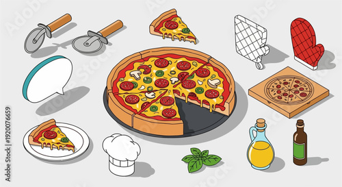 Isometric illustration of pizza, ingredients, and cooking tools on a light background.