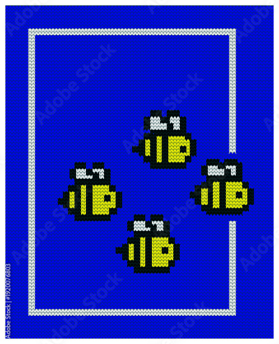 A pixel art pattern depicts four yellow and black bees on a vibrant blue background, framed by a white border. The design evokes a cross-stitch or needlepoint aesthetic.