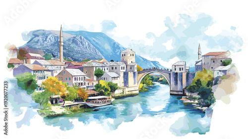 Stari Most. Stari Most watercolor vector illustration