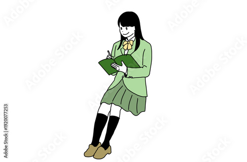 ノートを開いて勉強する女子学生のイラスト　学習と受験　手書きベクター素材