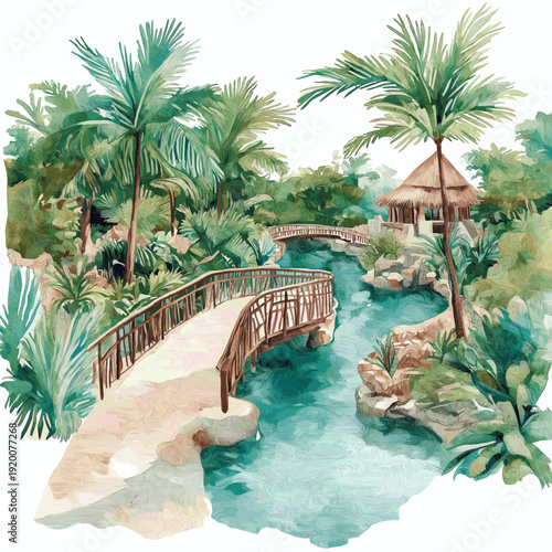 Xcaret Eco Park. Xcaret Eco Park hand drawn watercolor illustration