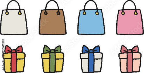 プレゼントボックスとショッピングバッグの手描きイラストセット