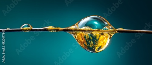 Liquid droplets and a large water globule balanced on a thin dark line against a teal background