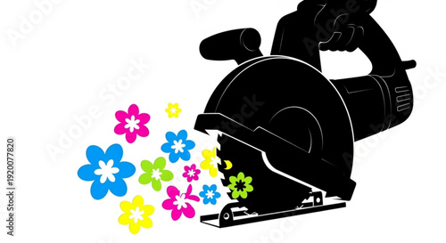 Black silhouette power saw cutting colorful flowers creative diy concept with vibrant blooms