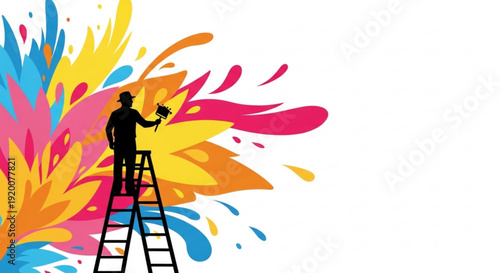 Artist on ladder painting colorful abstract art with vibrant splashes