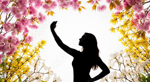 Woman taking selfie under blooming cherry blossom trees with pink and yellow flowers