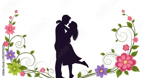 Romantic couple silhouette kissing with floral decor