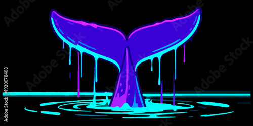Oceanic Fluke Breach Streetwear - Neon Cyan Melting Whale Tail for POD T-Shirt. Ideal for dark-themed apparel and modern maritime-inspired merchandise.