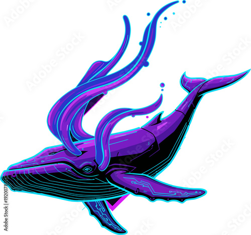 Deep Sea Megafauna Illustration - Neon Purple Abstract Tentacled Whale Graphic for Streetwear Aesthetic