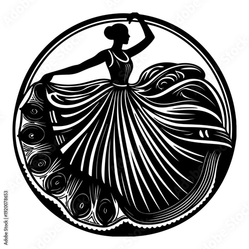 Black and white silhouette of a woman dancing in a flowing dress vector