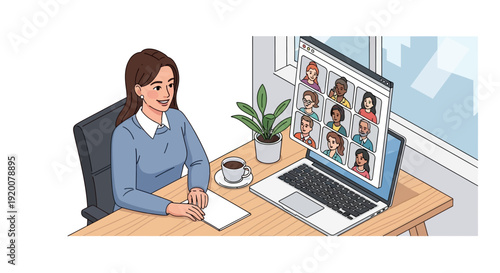 Woman engaged in a remote video conference with multiple participants on her laptop.