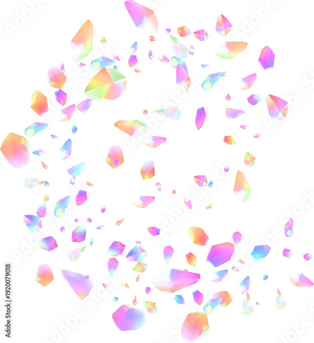 vector illustration featuring a dynamic spiral of iridescent crystal shards and prismatic fragments These colorful gems showcase  soft rainbow gradient  pastel pink yellow and cyan