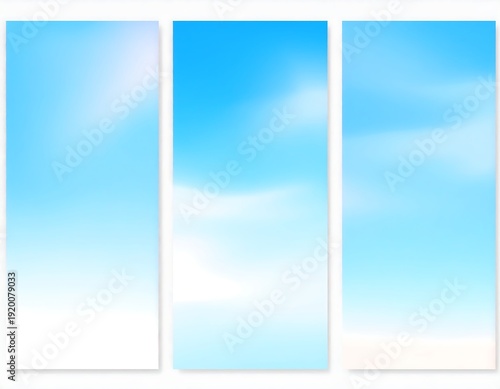A triptych of serene blue sky panels with wispy clouds