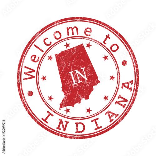 Welcome to Indiana. A worn stamp with a silhouette of the state and an abbreviated designation. Print impression, a template for creative design