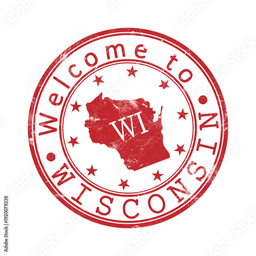 Welcome to Wisconsin. A worn stamp with a silhouette of the state and an abbreviated designation. Print impression, a template for creative design