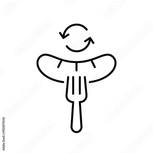 Weiner on fork and renew arrows. Food delivery update, takeaway menu refresh. Sustainable ingredients. Pixel perfect, editable stroke vector icon