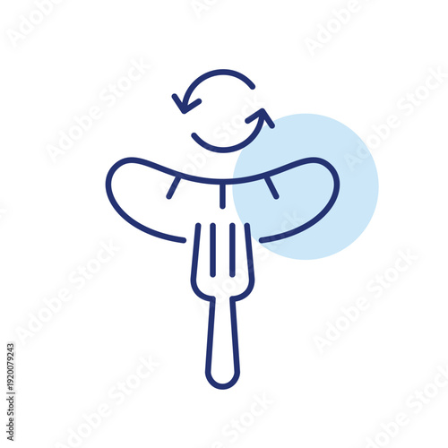 Weiner on fork and renew arrows. Food delivery update, takeaway menu refresh. Sustainable ingredients. Pixel perfect, editable stroke vector icon